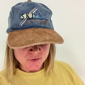 EXP Headwear denim blue tan suede vintage Ski Stowe Vermont suede baseball hat